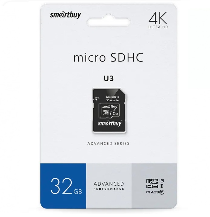 Карта памяти MicroSD 32 Gb SmartBuy U3 V30 A1 Advanced R/W up to 90/55 с адаптером (SB32GBSDU1A-AD)