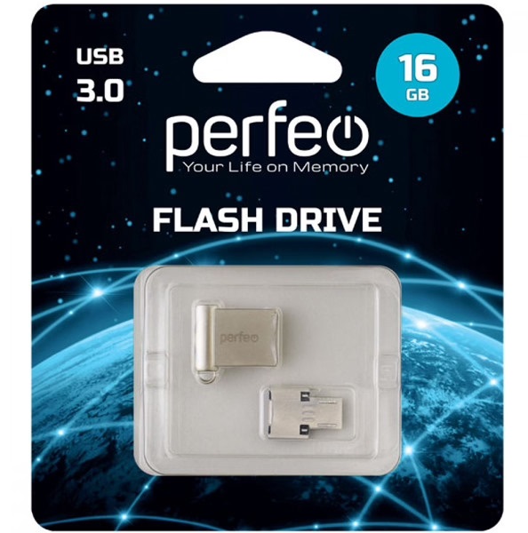 USB 3.0 Flash 16 Gb Perfeo M06 Metal Series + OTG reader (PF-M06MS016OTG)
