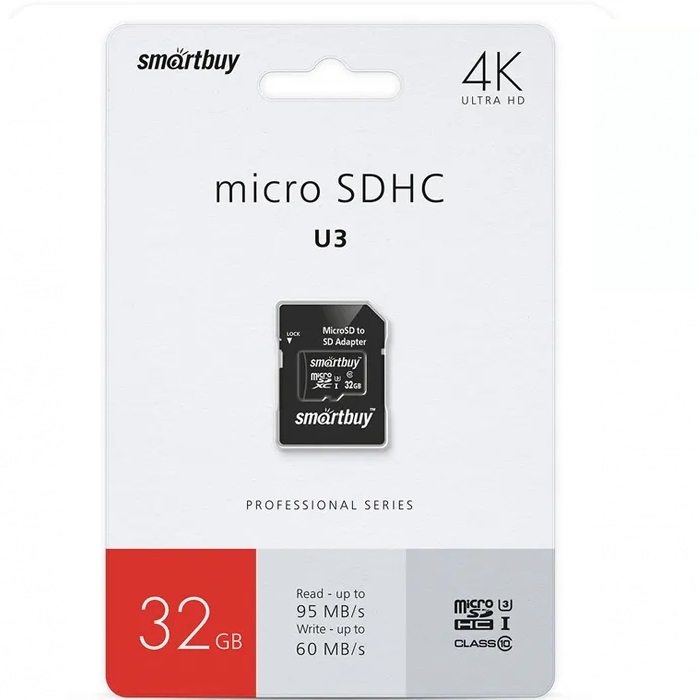 Карта памяти MicroSD 32 Gb SmartBuy class10 PRO UHS-I(U3) R/W 95/60 MB/s с адаптером (SB32GBSDCL10U3L-01)