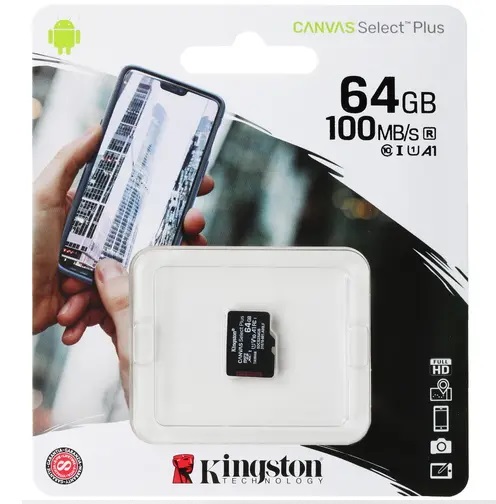 Карта памяти MicroSD 64 Gb Kingston SDXC class 10 UHS-I Canvas Select Plus up to 100 MB/s без адаптера (SDCS2/64GBSP)