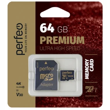 Карта памяти MicroSD 64 Gb Perfeo SDXC class 10 UHS-3 V30 с адаптером(PF64GMCSX10V30A)