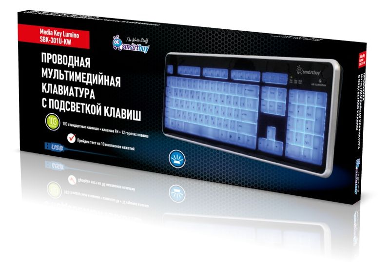 Клавиатура SmartBuy 301 черно-белая, USB, мультимедийная с подсветкой SBK-301U-KW