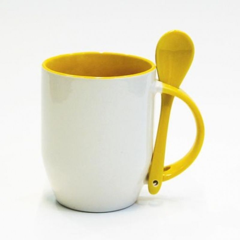 Кружка конусная, цветная внутри с ложкой в ручке (для сублимационной печати), желтая