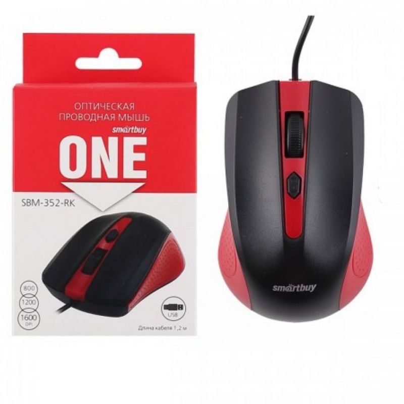 Мышь проводная Smartbuy ONE 352 USB, красно-чёрная, оптическая (SBM-352-RK)