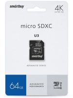 Карта памяти MicroSDXC 64 Gb SmartBuy U3 V30 A1 Advanced R/W up to 90/55 с адаптером (SB64GBSDU1A-AD)