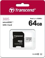 Карта памяти MicroSDXC 64 Gb Transcend 300S class 10 UHS-I с адаптером R/W 95/40 Mb/s (TS64GUSD300S-A)