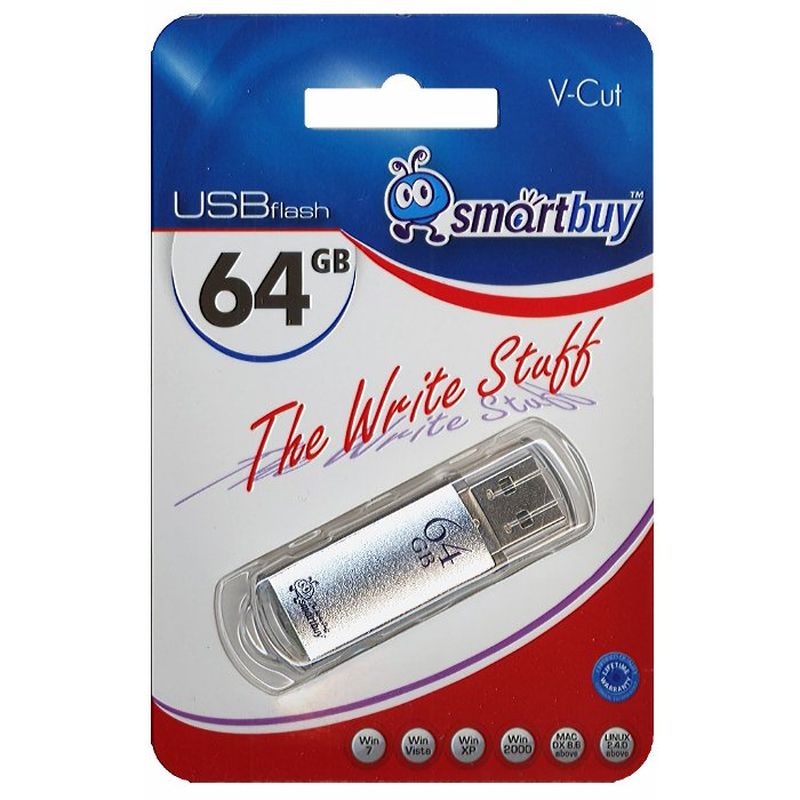 Флэш-память USB Flash 64 Gb SmartBuy V-Cut Silver